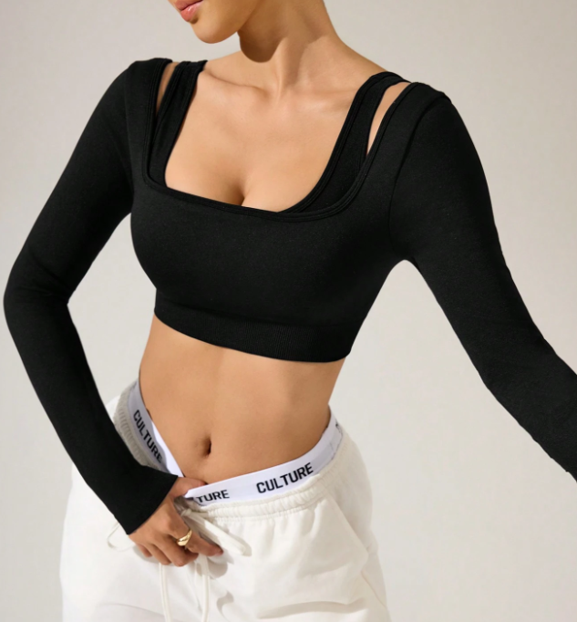 Women’s Casual Solid Color Long Sleeve Slim Fit Super Short Sports T-Shirt – Stylish Workout Top