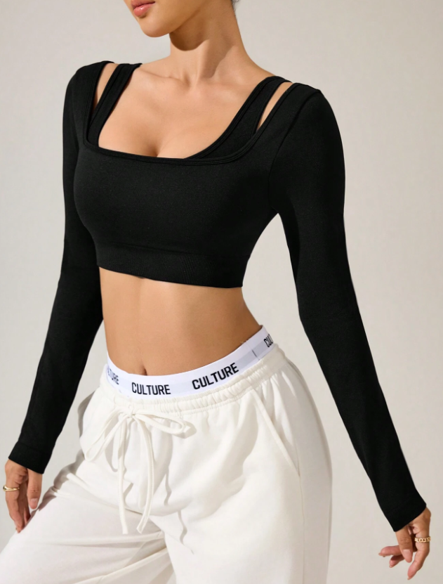 Women’s Casual Solid Color Long Sleeve Slim Fit Super Short Sports T-Shirt – Stylish Workout Top
