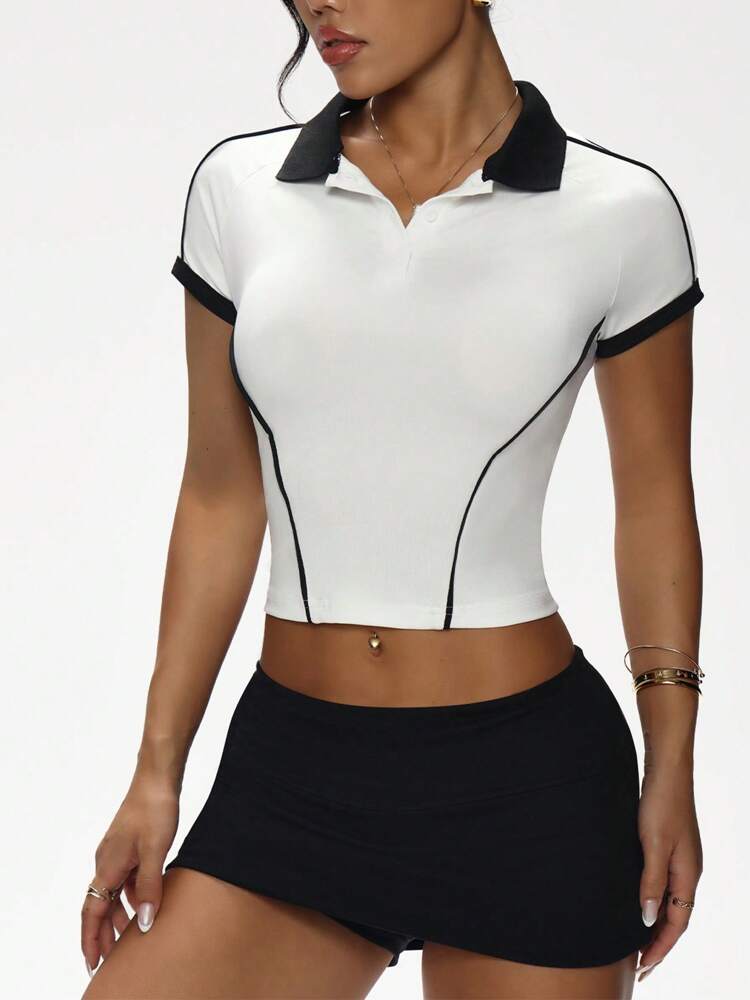 Women's Contrast Color Polo Collar Cropped Sports T-Shirt – Fitted Activewear for Gym, Tennis, and Casual Wear
