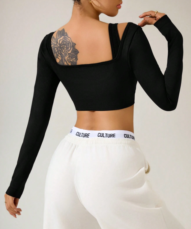 Women’s Casual Solid Color Long Sleeve Slim Fit Super Short Sports T-Shirt – Stylish Workout Top