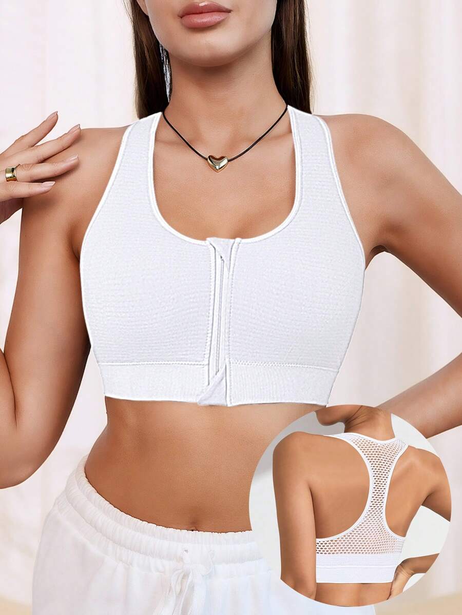 Women’s Mesh Knit Zipper Sports Bra – Breathable Seamless Yoga & Running Top with Removable Pads