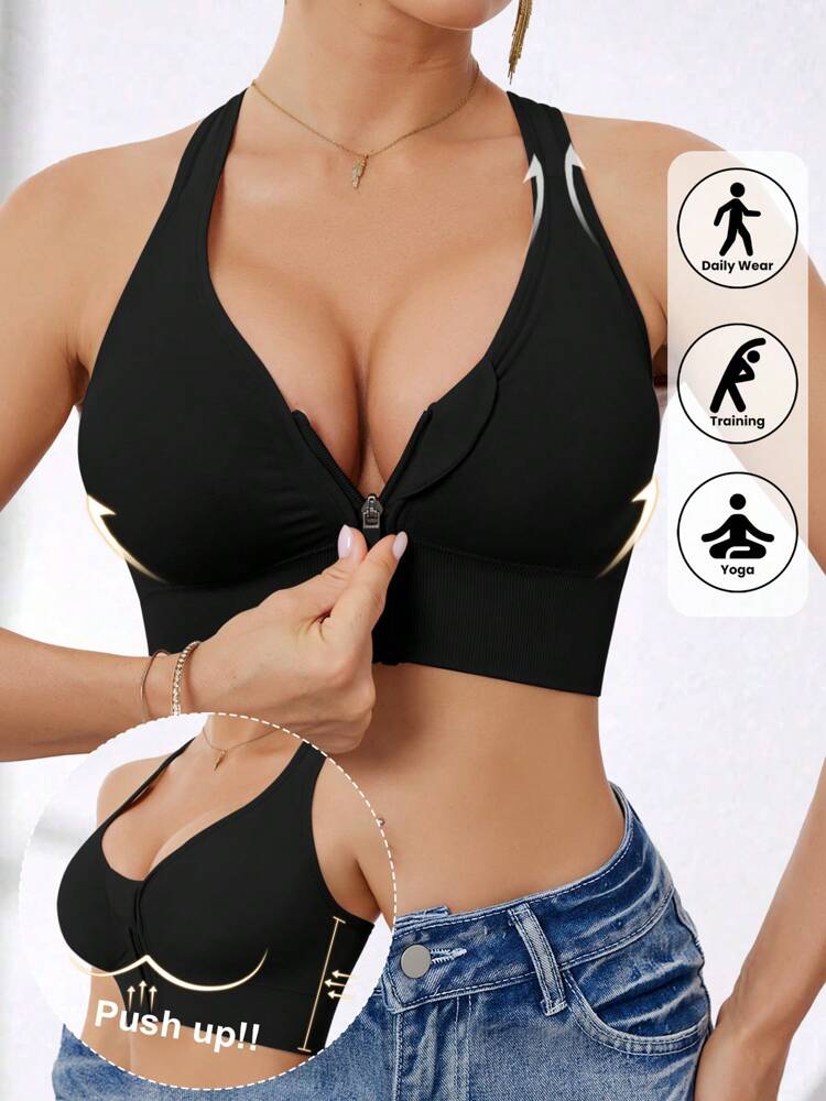 Women’s Front Zip Sports Bra – Wireless Racerback Yoga & Workout Top with Removable Pads