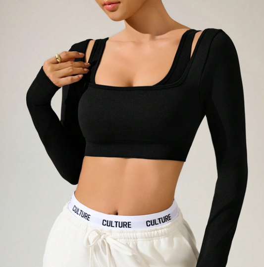 Women’s Casual Solid Color Long Sleeve Slim Fit Super Short Sports T-Shirt – Stylish Workout Top