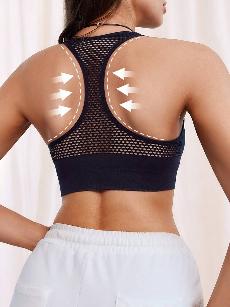 Women’s Mesh Knit Zipper Sports Bra – Breathable Seamless Yoga & Running Top with Removable Pads
