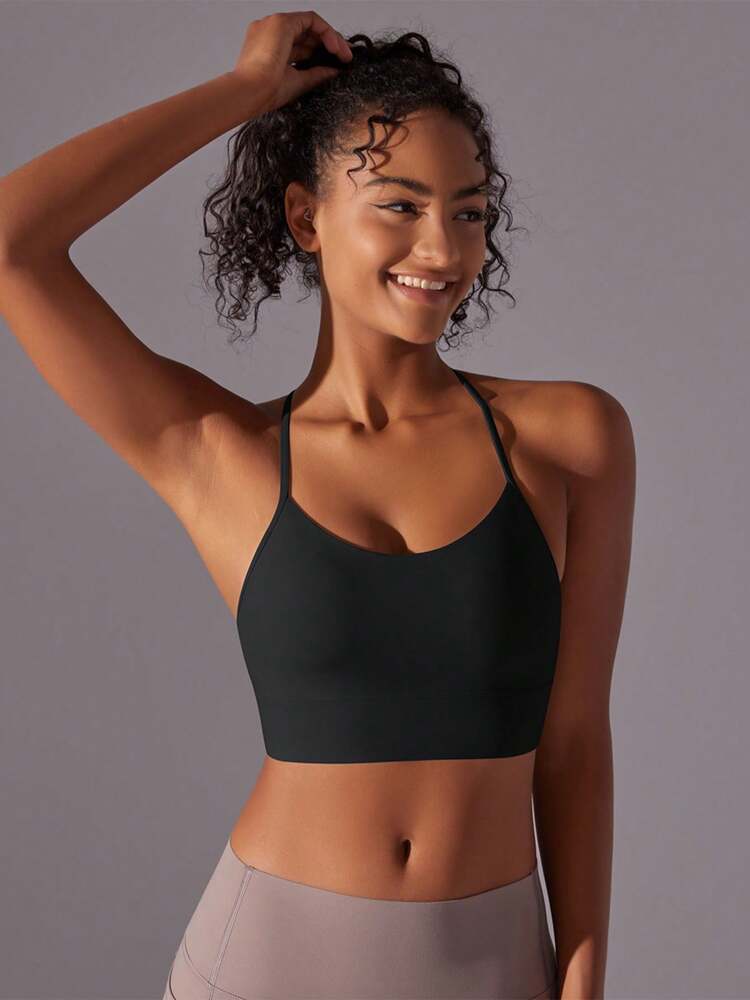 Women’s Open Back Sports Bra – Nude-Feel Black Yoga & Pilates Top for Fitness and Activewear
