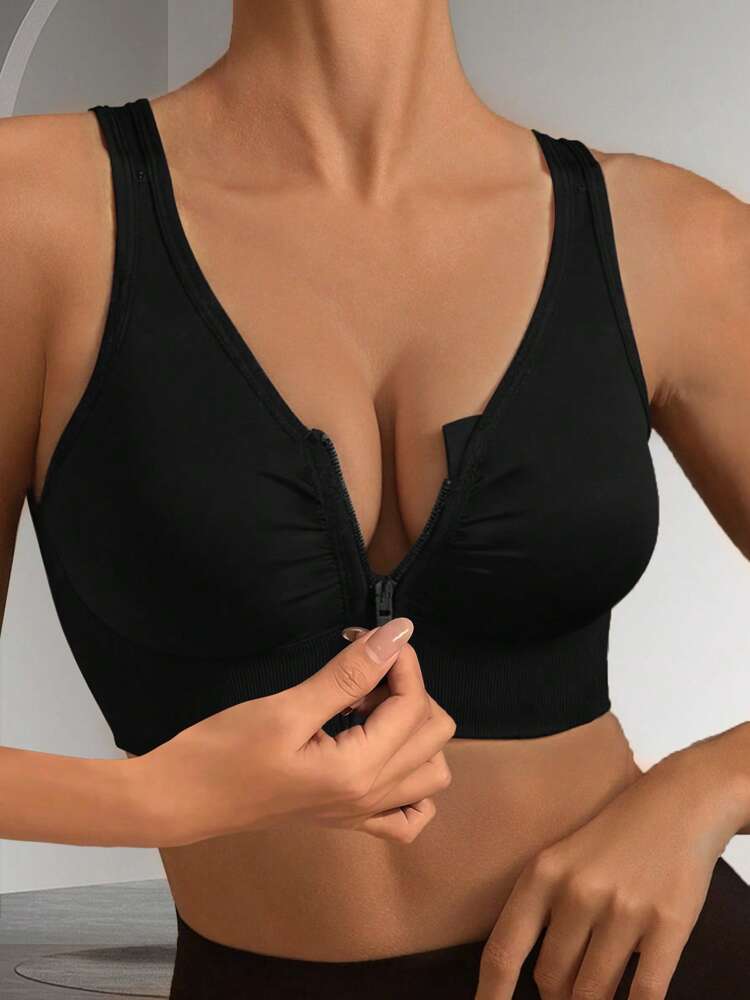 Women’s Front Zip Sports Bra – Wireless Racerback Yoga & Workout Top with Removable Pads