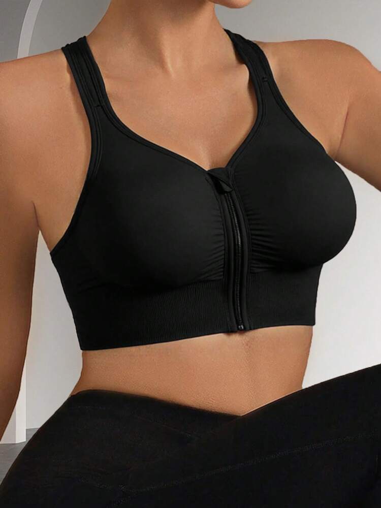 Women’s Front Zip Sports Bra – Wireless Racerback Yoga & Workout Top with Removable Pads