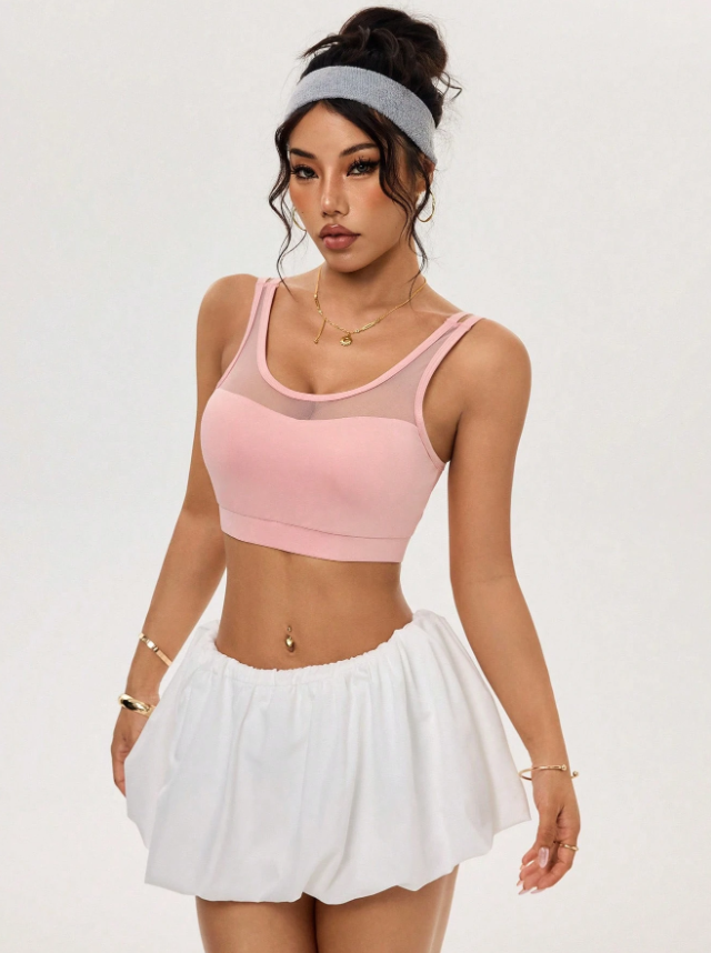 Women’s Solid Color Mesh Patchwork Criss-Cross Back Sports Bra – Breathable Athletic Workout Top
