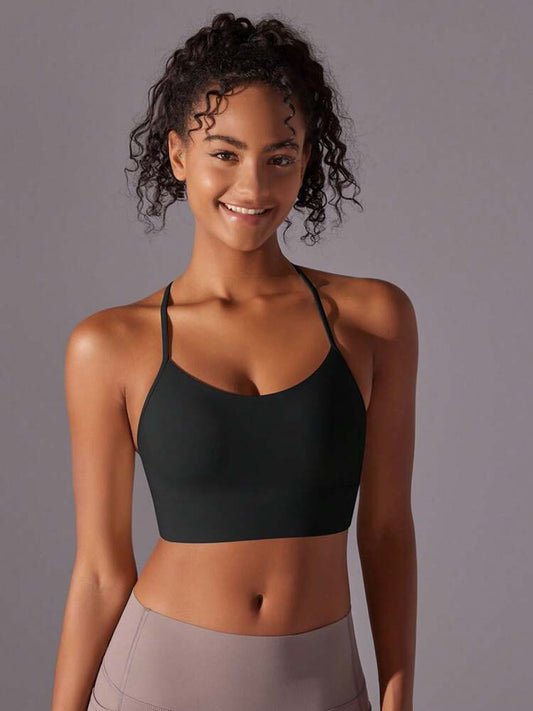 Women’s Open Back Sports Bra – Nude-Feel Black Yoga & Pilates Top for Fitness and Activewear