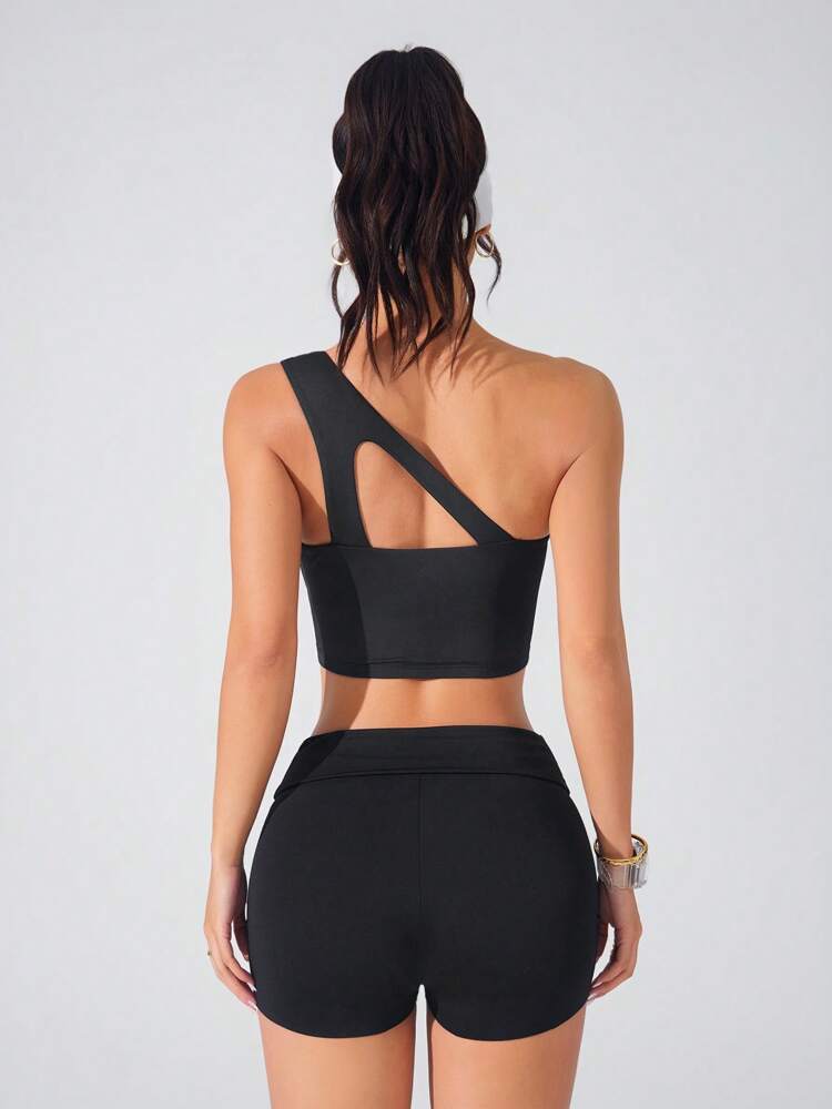 Women’s One-Shoulder Sports Bra – Solid Color Casual Fitness & Yoga Activewear Top