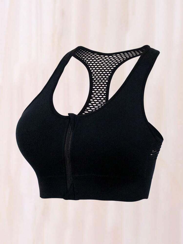 Women’s Front Zip Sports Bra – Wide Strap Hollow Back Wireless Top for Everyday Comfort & Support