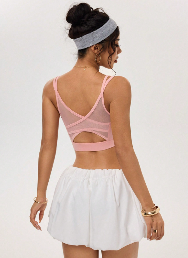Women’s Solid Color Mesh Patchwork Criss-Cross Back Sports Bra – Breathable Athletic Workout Top