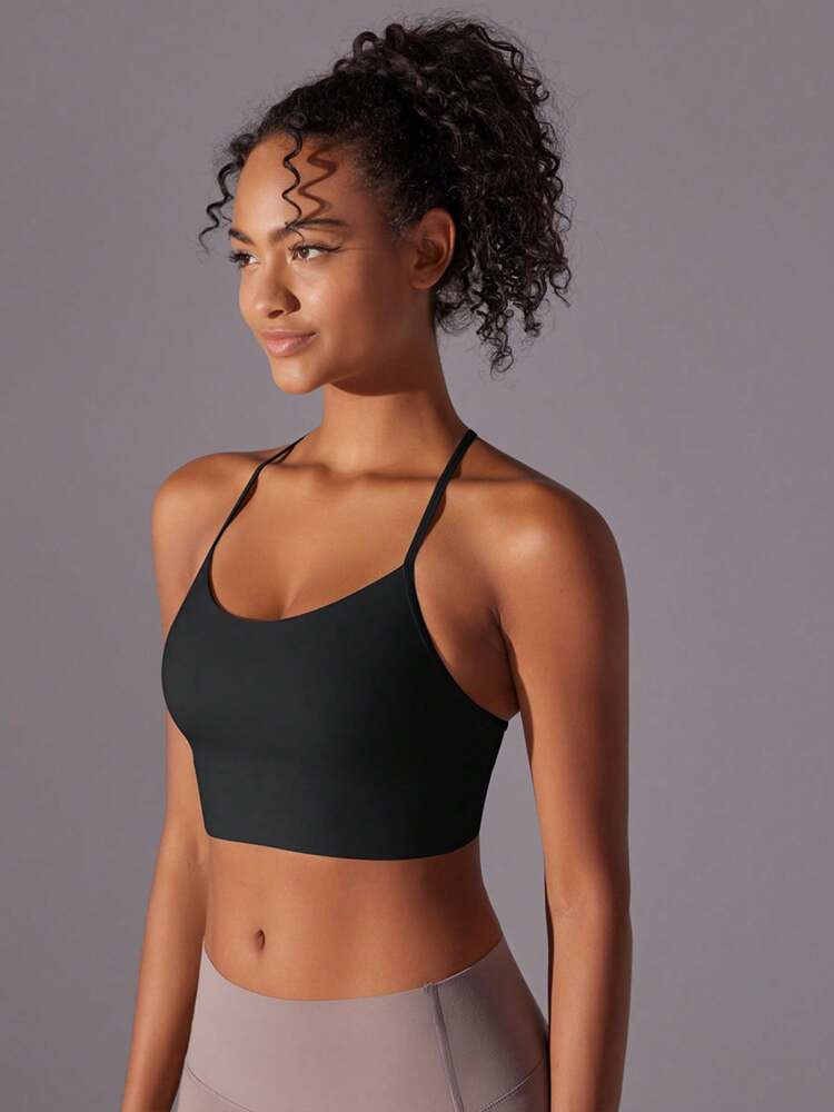 Women’s Open Back Sports Bra – Nude-Feel Black Yoga & Pilates Top for Fitness and Activewear