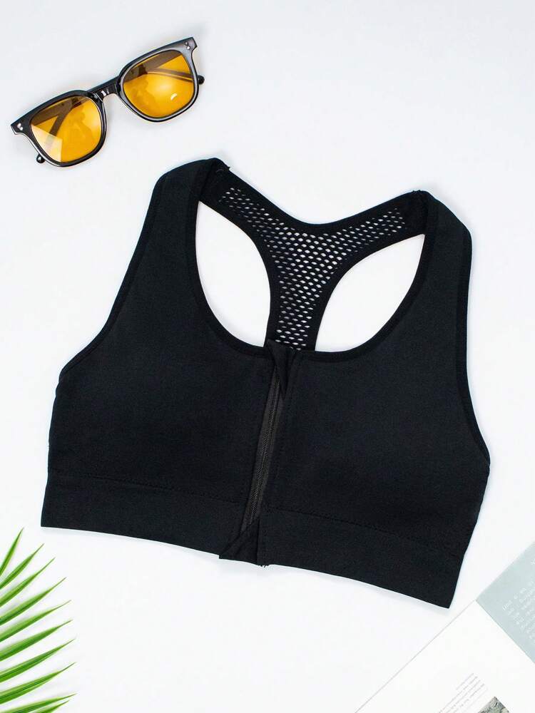 Women’s Front Zip Sports Bra – Wide Strap Hollow Back Wireless Top for Everyday Comfort & Support