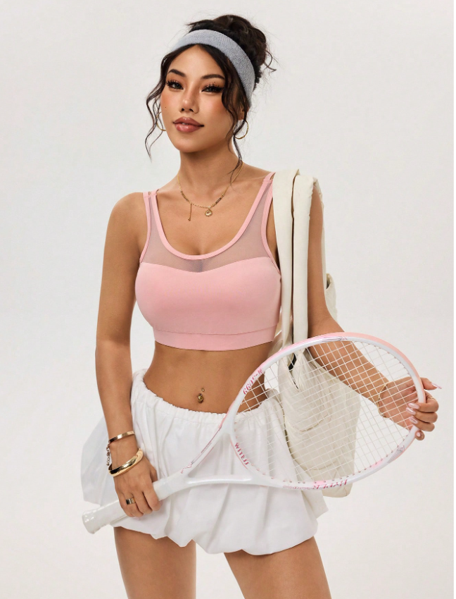 Women’s Solid Color Mesh Patchwork Criss-Cross Back Sports Bra – Breathable Athletic Workout Top