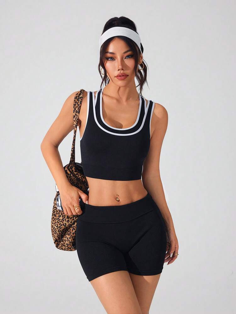 Women's Sports Tank Crop Top and Shorts Set – Contrast Trim, Stylish Summer Activewear for Gym, Yoga, and Casual Wear