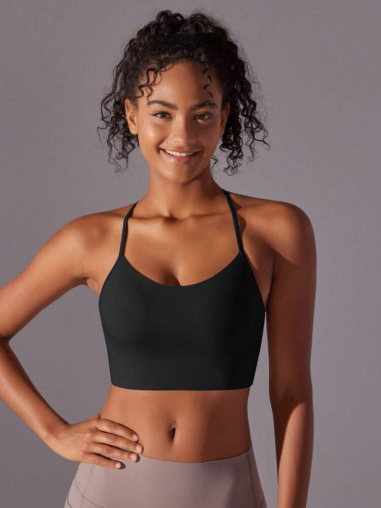 Women’s Open Back Sports Bra – Nude-Feel Black Yoga & Pilates Top for Fitness and Activewear