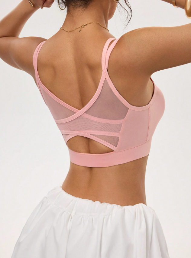 Women’s Solid Color Mesh Patchwork Criss-Cross Back Sports Bra – Breathable Athletic Workout Top