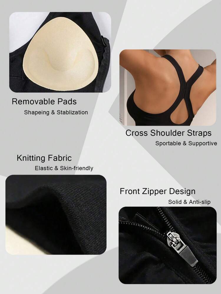 Women’s Front Zip Sports Bra – Wireless Racerback Yoga & Workout Top with Removable Pads