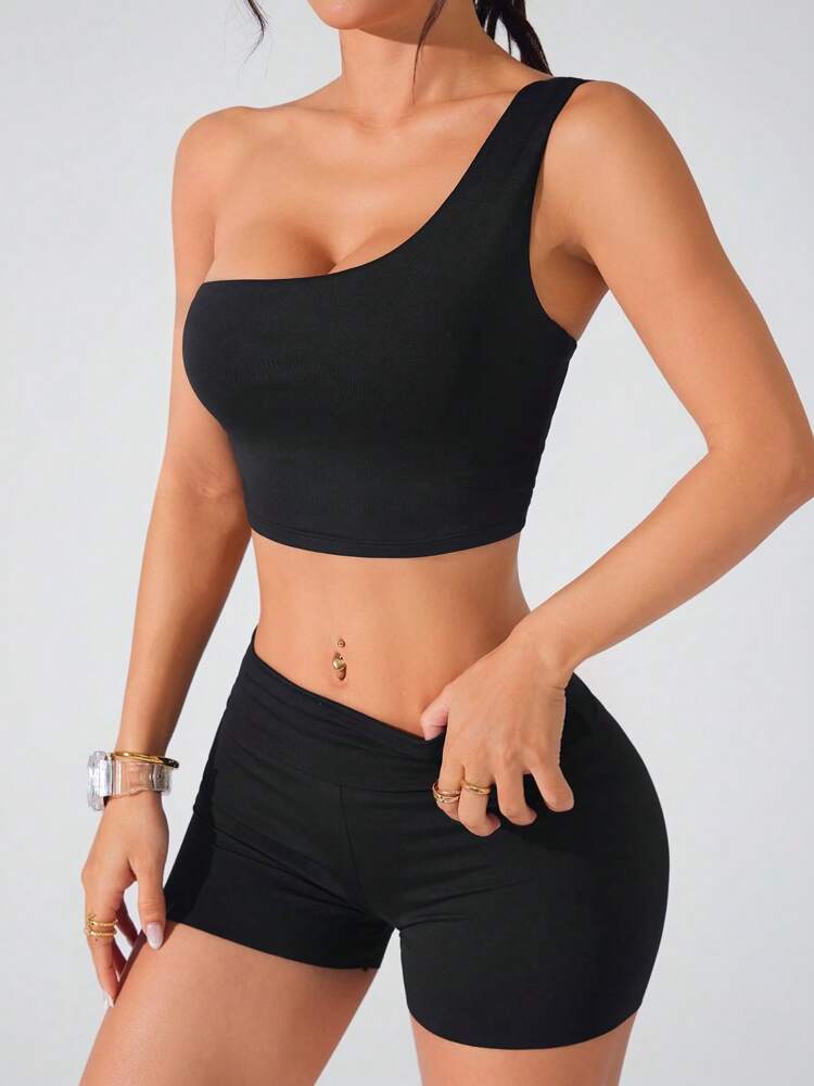 Women’s One-Shoulder Sports Bra – Solid Color Casual Fitness & Yoga Activewear Top