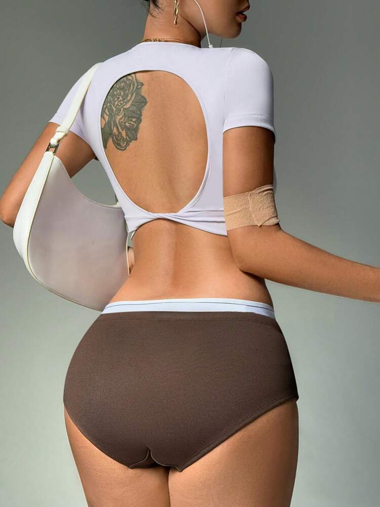 Women's Solid Color Backless Slim-Fit Cropped Sports T-Shirt – Stylish Activewear for Yoga, Gym, and Casual Wear