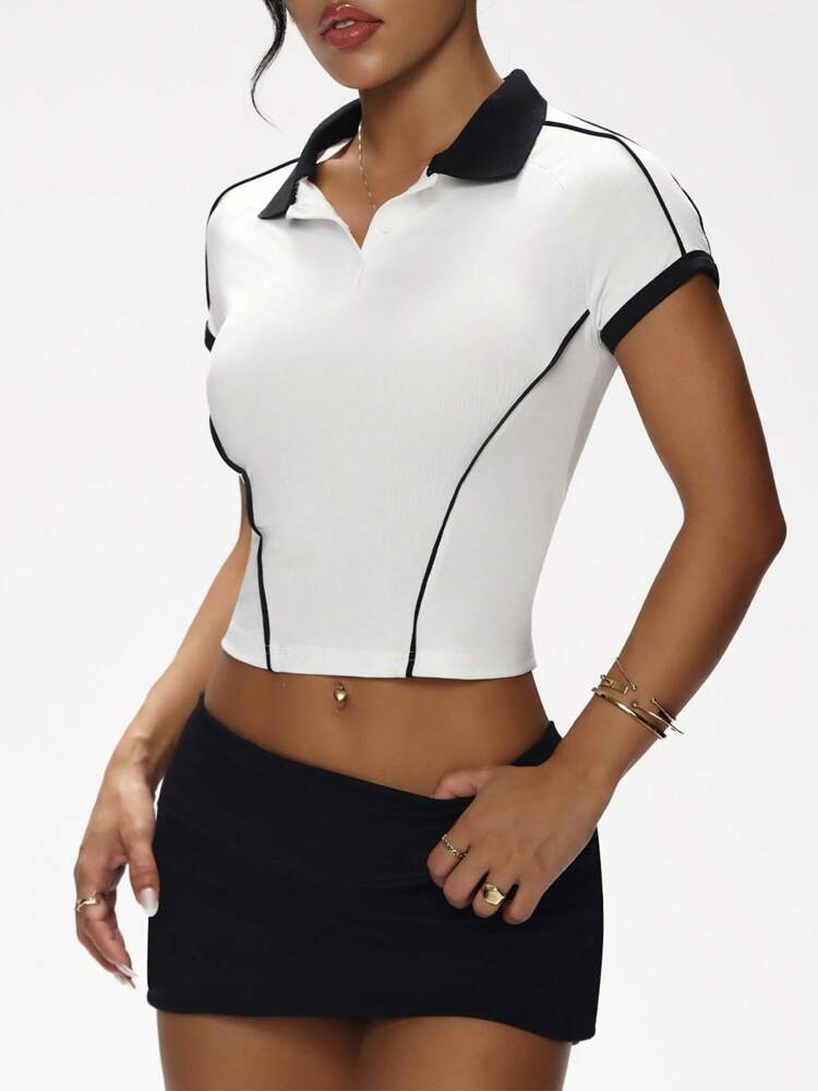 Women's Contrast Color Polo Collar Cropped Sports T-Shirt – Fitted Activewear for Gym, Tennis, and Casual Wear