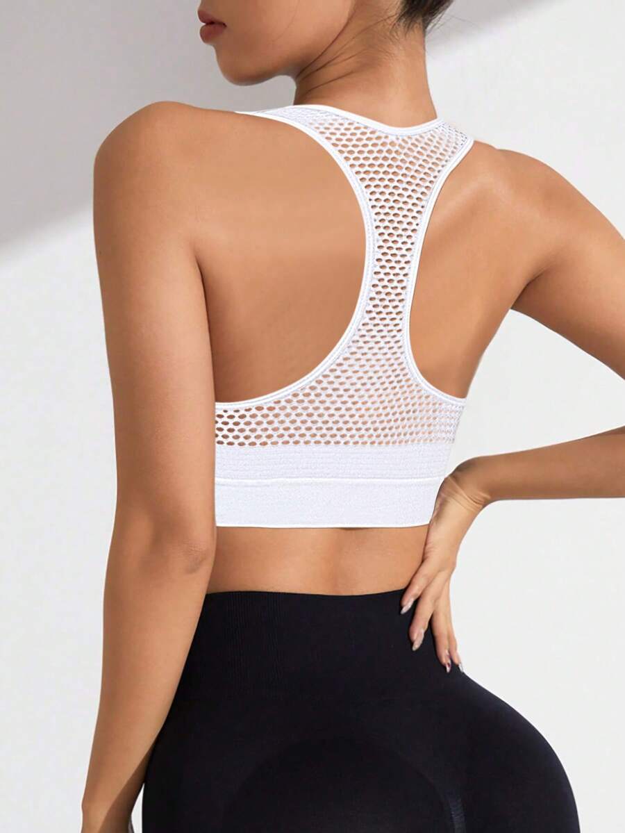 Women’s Mesh Knit Zipper Sports Bra – Breathable Seamless Yoga & Running Top with Removable Pads