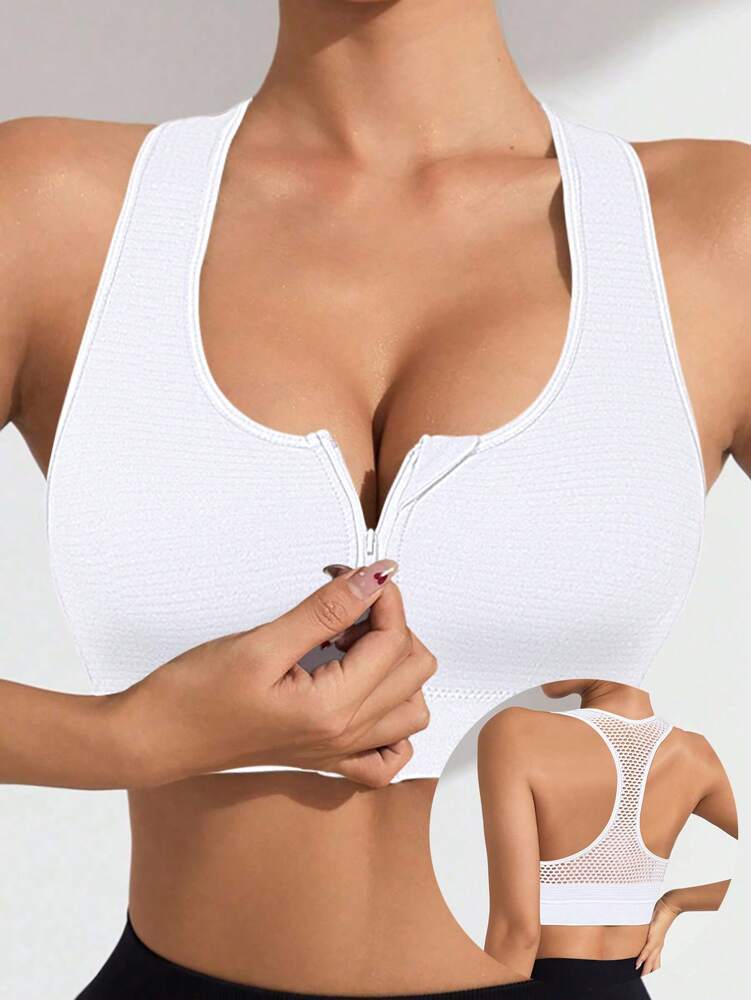 Women’s Front Zip Sports Bra – Wide Strap Hollow Back Wireless Top for Everyday Comfort & Support