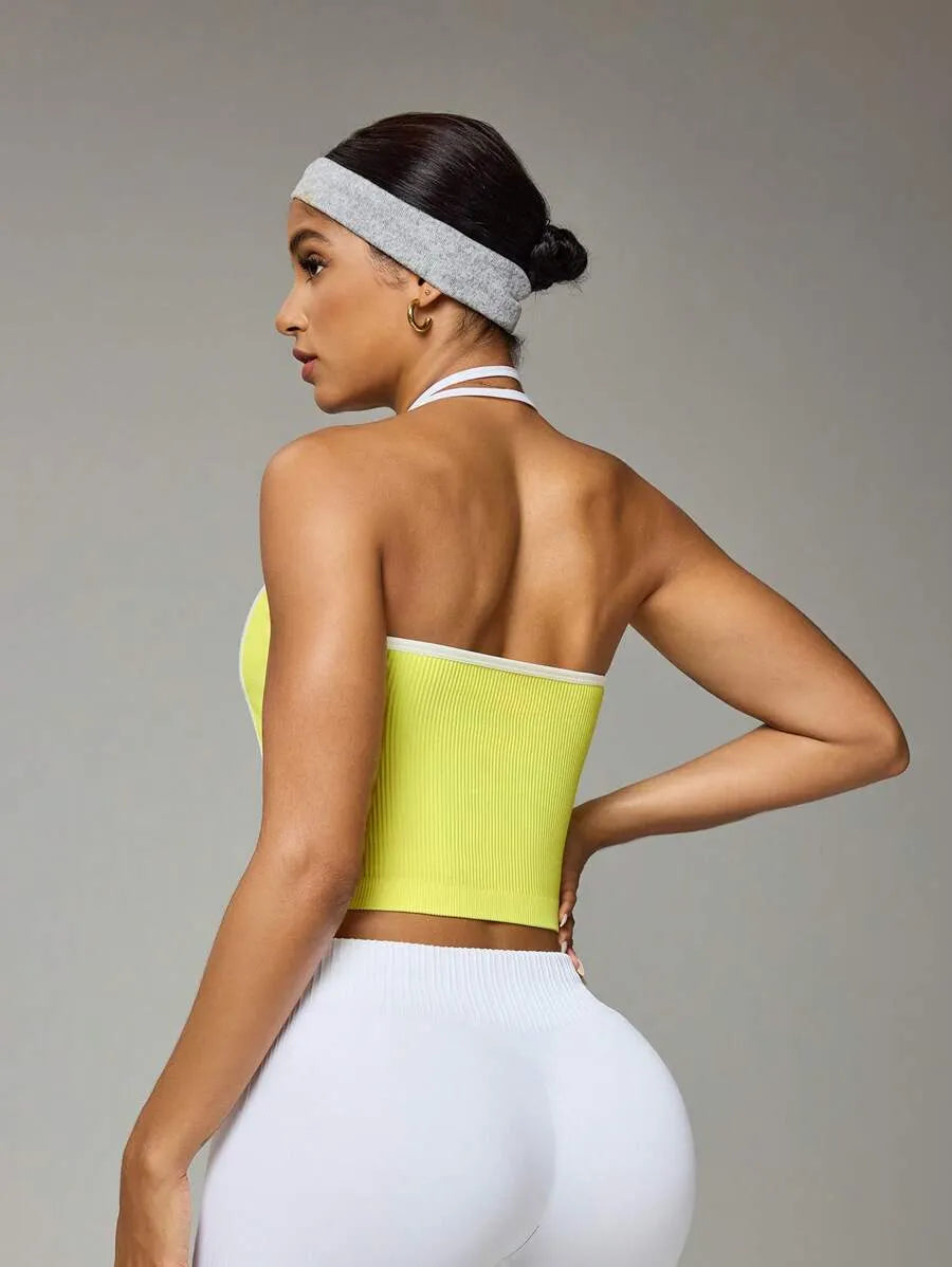 Women’s Contrast Color Criss-Cross Sports Vest – High Elasticity Tight Fit Yoga & Fitness Crop Top