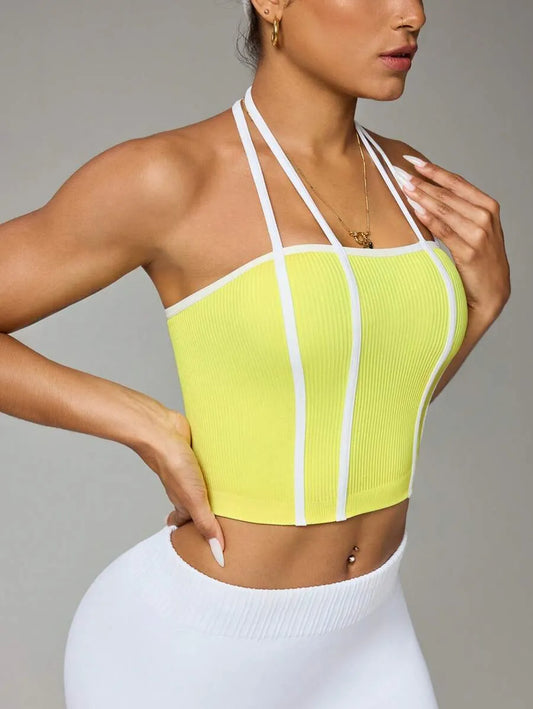Women’s Contrast Color Criss-Cross Sports Vest – High Elasticity Tight Fit Yoga & Fitness Crop Top