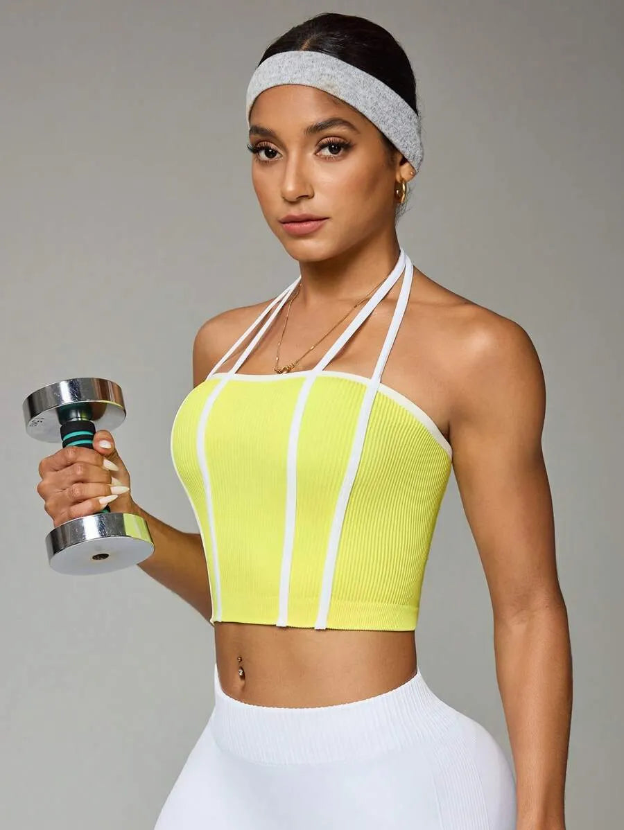 Women’s Contrast Color Criss-Cross Sports Vest – High Elasticity Tight Fit Yoga & Fitness Crop Top